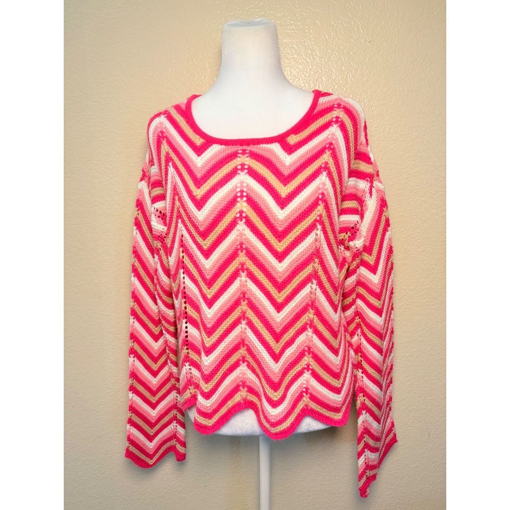 Y2K FCT WITH LOVE Pink Chevron Zigzag Knit Sweater Scalloped Hem Large #11
